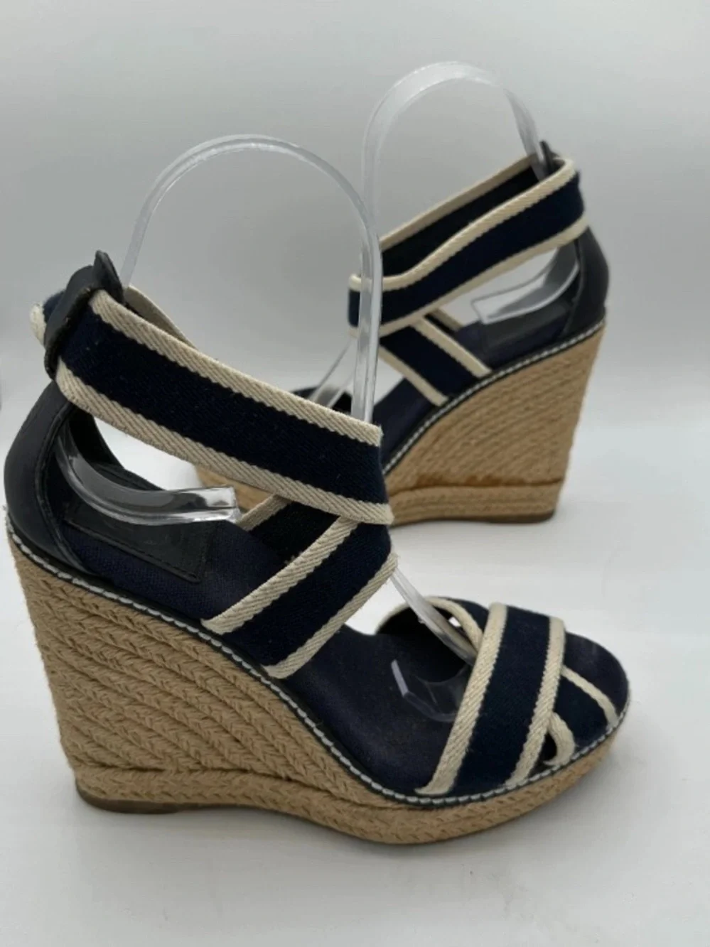 TORY BURCH  Black & Cream Contrast Elastic Espadrille Wedges Women's 7B